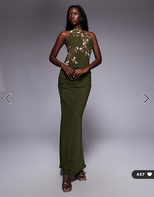 ASOS DESIGN halterneck maxi dress with 3D floral embellishment in olive green