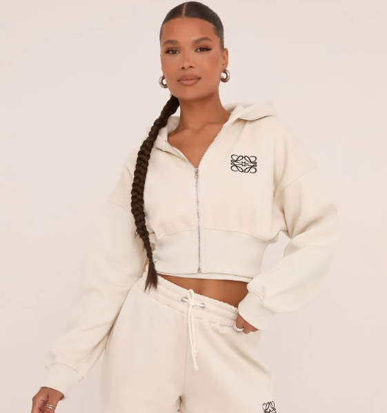 Swirl Graphic Detail Cropped Hoodie In Stone