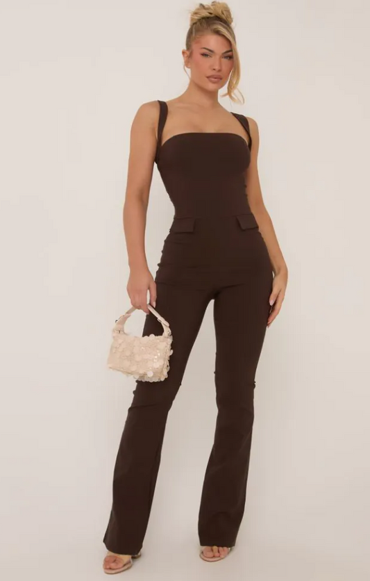 Square Neck Tailored Flared Jumpsuit In Chocolate Brown Woven