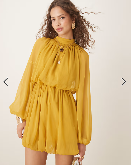 ASOS DESIGN long sleeve blouson mini dress with skirt in ochre