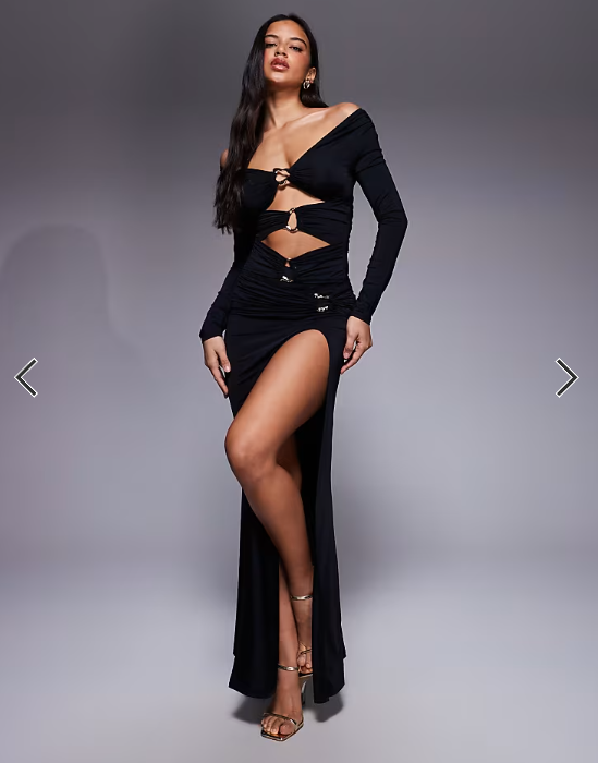 Murci exclusive off shoulder gold hardware cutout detail bodysuit and maxi skirt set in black