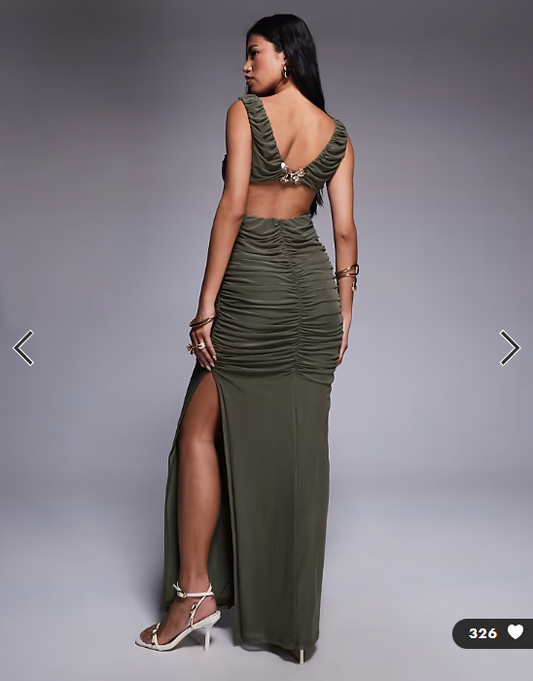 ASOS DESIGN plunge with ruching and open back with gold butterfly trim mesh maxi dress in khaki