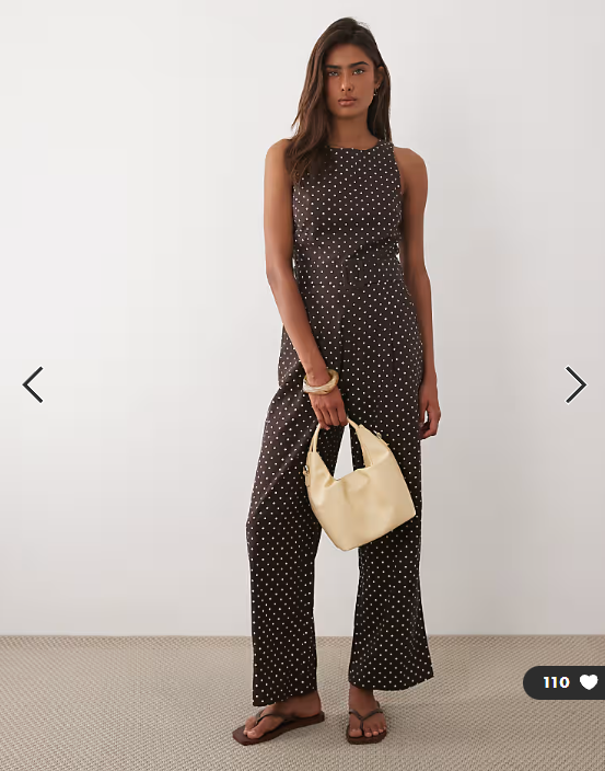 Mango linen mix belted jumpsuit in brown and white polka dot