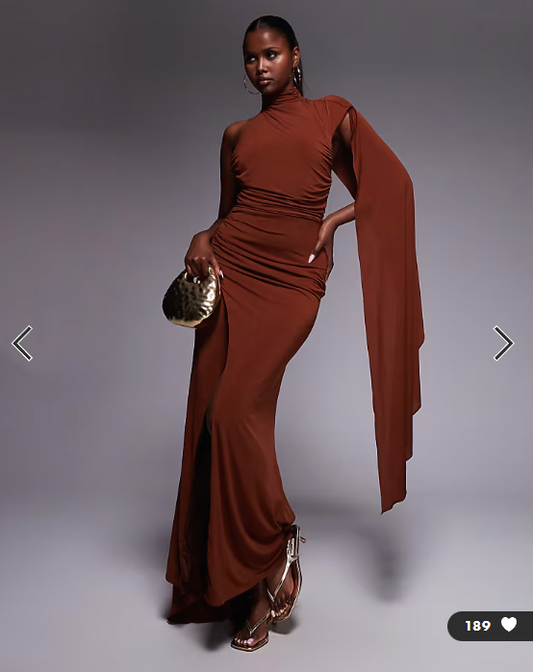 TFNC one shoulder maxi dress with cape back in coffee brown