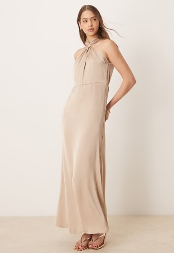 Vila satin twist halterneck midi dress in beige