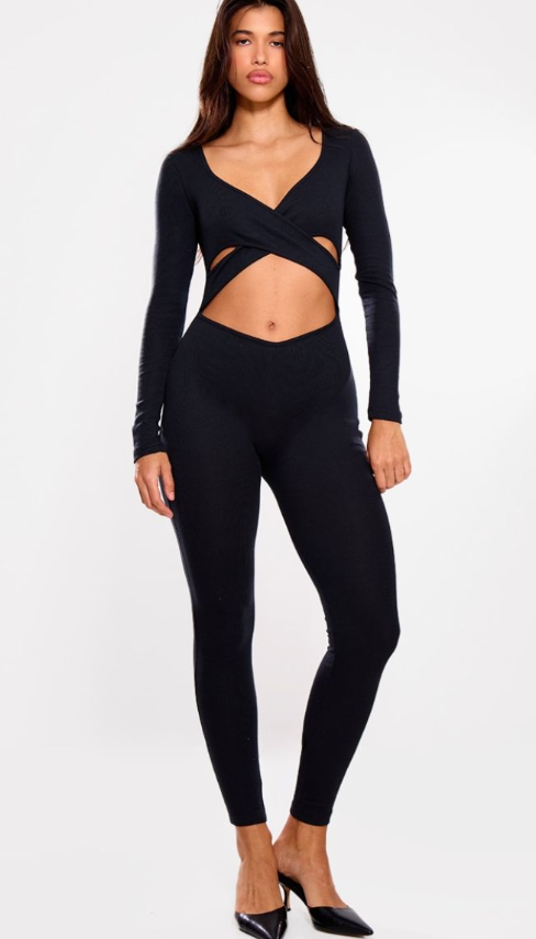 Black Rib Cross Over Long Sleeved Jumpsuit