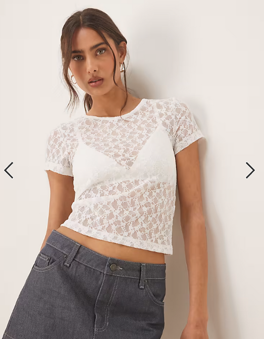 ASOS DESIGN lace short sleeve semi sheer baby tee in white