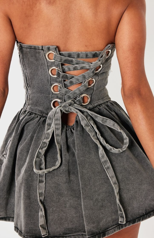 Washed Grey Lace Up Back Denim Puffball Dress