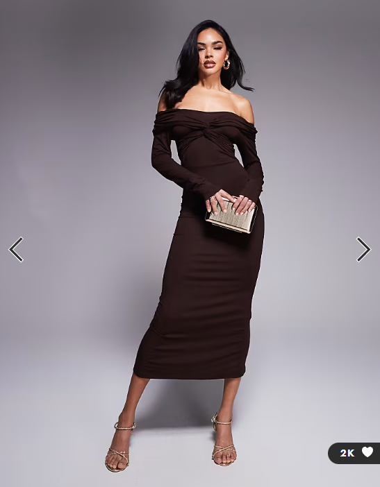 ASOS DESIGN off shoulder twist midi dress with long sleeves in chocolate