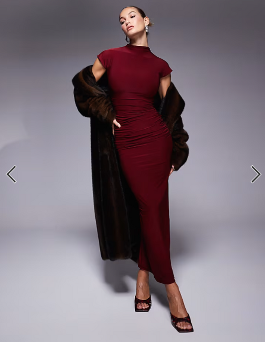 Kaiia exclusive double layered slinky high neck cap sleeve bodycon maxi dress in burgundy