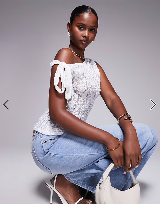 ASOS DESIGN lace tie fallen shoulder sheer top in cream