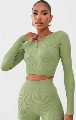 Khaki Structured Contour Rib Zip Up Long Sleeve Crop Top