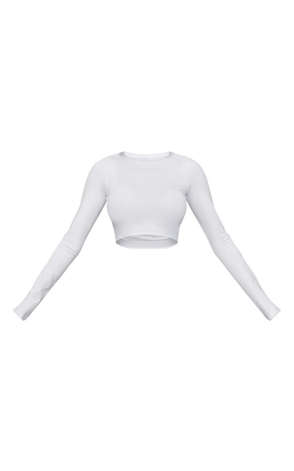 White Cotton Raw Hem Long Sleeve Crop Top