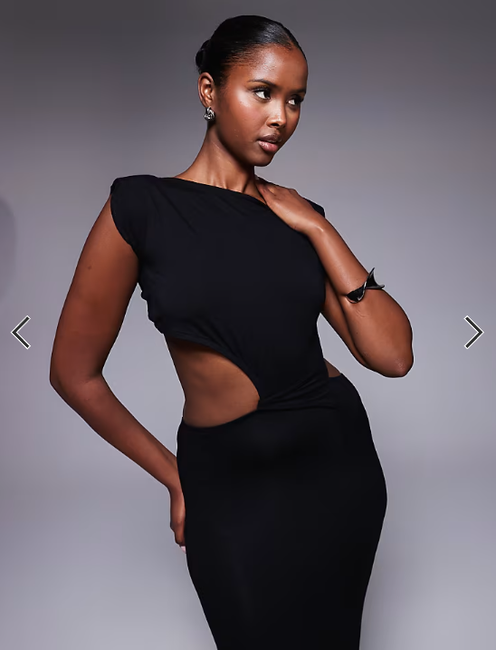 ASOS DESIGN VE shoulder pad twist waist midi dress in black