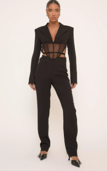 Long Sleeve Mesh Insert Cut Out Corseted Tailored Jumpsuit In Black