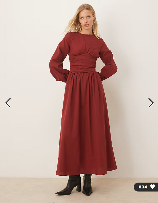ASOS DESIGN poplin crew neck maxi dress with ruched waist and volume sleeve in burgundy
