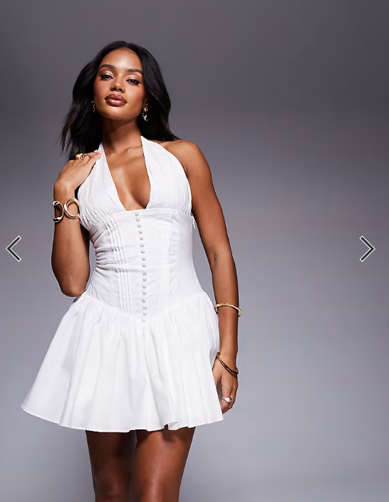 Aria Cove broderie plunge halterneck corset waist mini dress in white