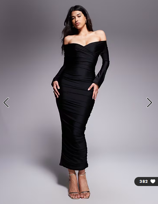 Ruched & Ready You Wish sculpted high shine off shoulder sweetheart neck maxi dress in black