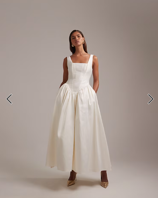 ASOS DESIGN square neck structured full skirt midi wedding dress in ivory
