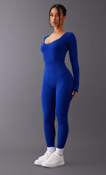 Petite Royal Blue Long Sleeve Knitted Jumpsuit