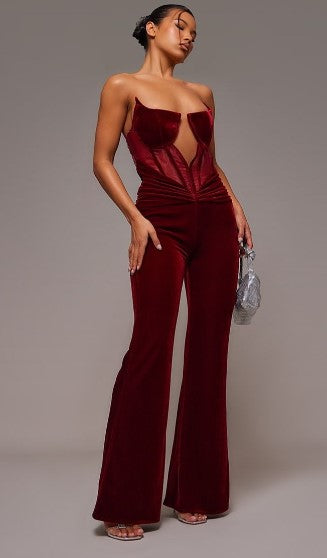 Cherry Red Velvet Corset Bandeau Ruched Jumpsuit