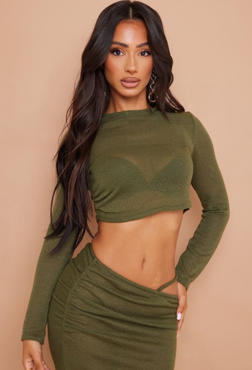 Petite Khaki Sheer Knit Longsleeve Crop Top