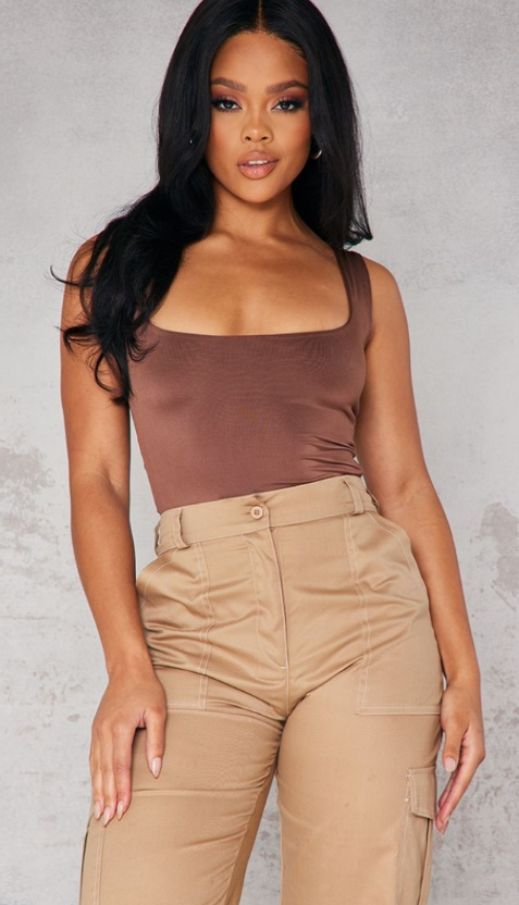 Prettylittlething Brown Sleeveless Square Neck Bodysuit