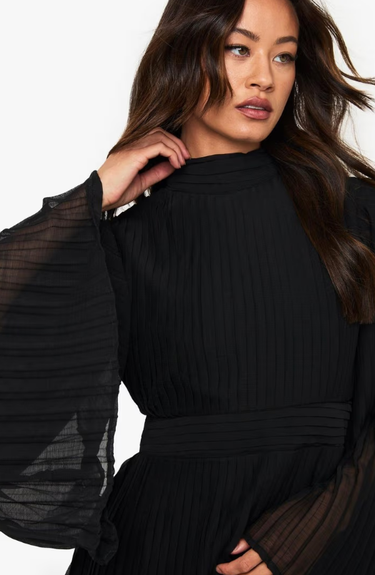 Boohoo Tall Pleated Chiffon High Neck Flare Sleeve Mini Dress - black