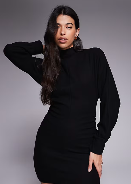 ASOS DESIGN supersoft funnel neck batwing with ruched side mini dress in black