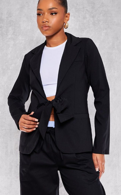 Plt - Black Tie Front Bow Textured Blazer