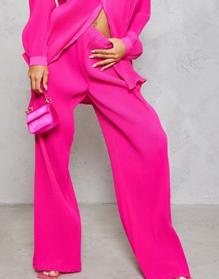 Hot Pink Plisse High Waisted Wide Leg Trousers