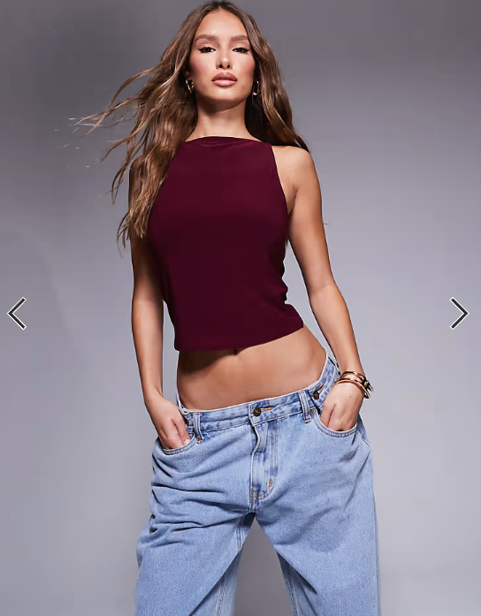 ASOS DESIGN slinky 90's boat neck strappy top in burgundy