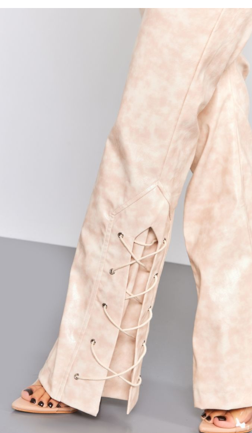 Plt - Petite Beige Faux Leather Lace Up Leg Trousers