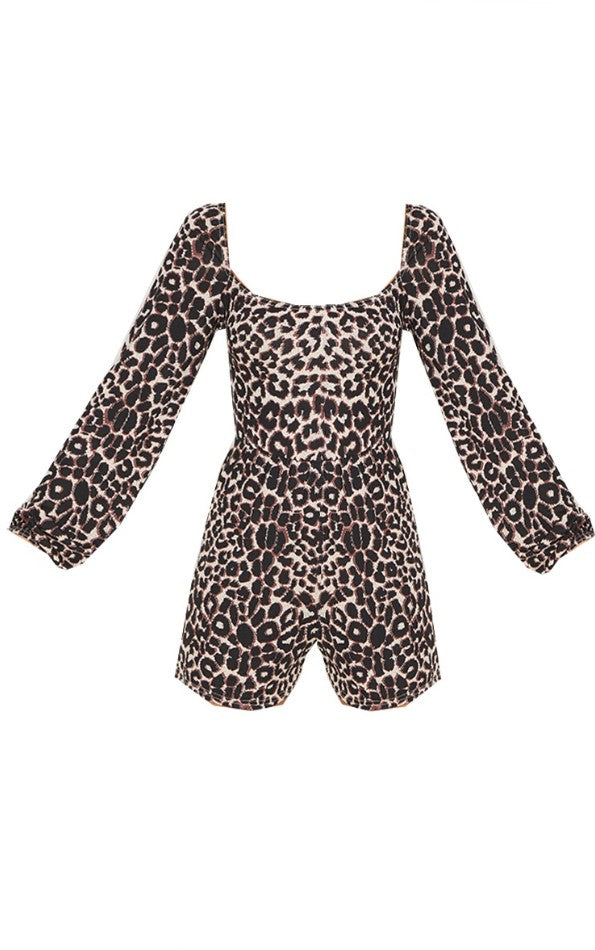 Tan Leopard Print Tie Back Long Sleeve Playsuit