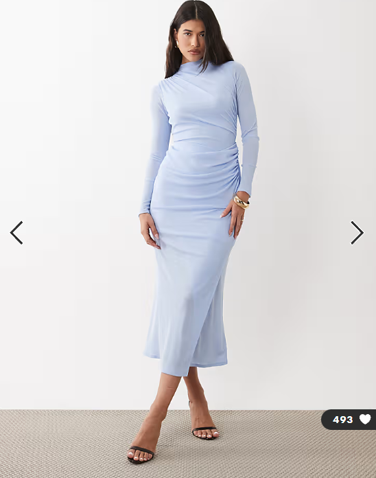 ASOS DESIGN ruched mesh high neck long sleeve midi dress in light blue