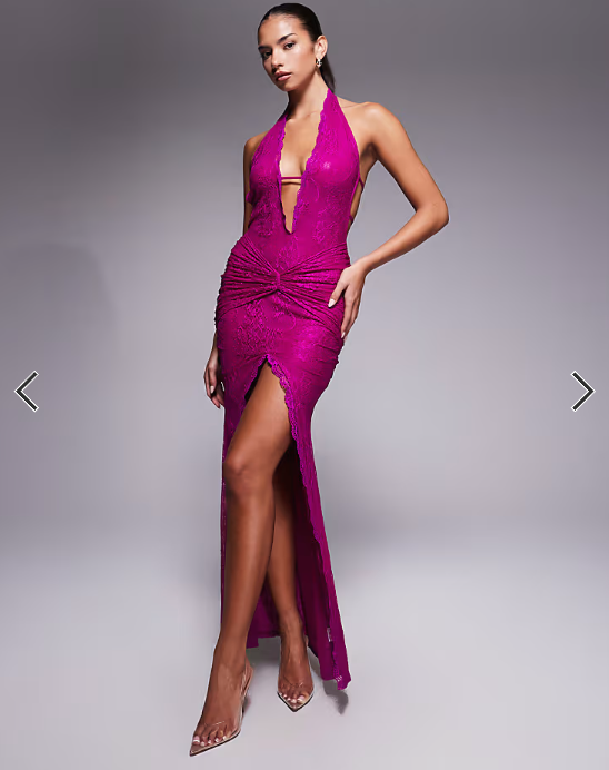 Murci exclusive lace halterneck deep plunge front split maxi dress in cerise