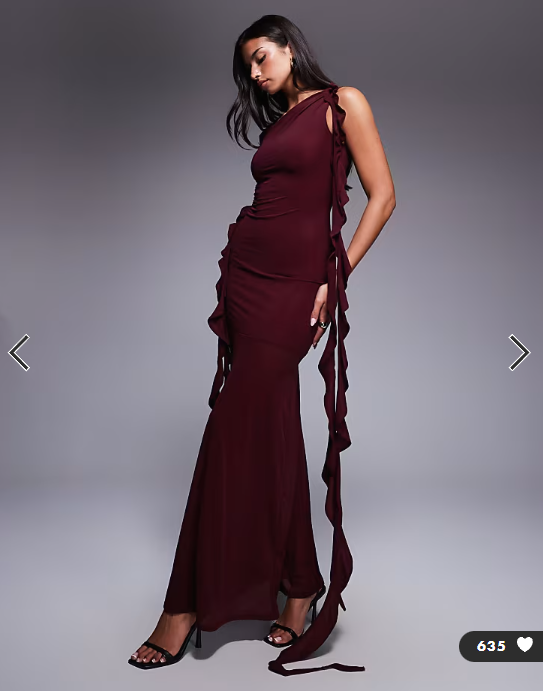 ASOS DESIGN stretch chiffon maxi dress with cut out and ruffle detail in mulberry