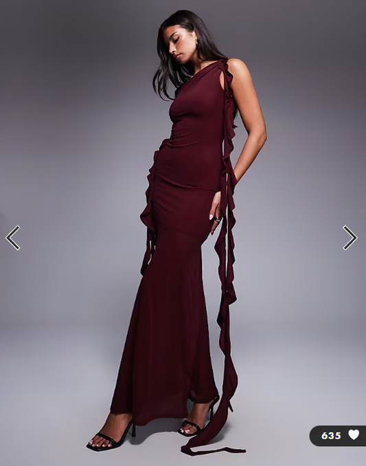 ASOS DESIGN stretch chiffon maxi dress with cut out and ruffle detail in mulberry
