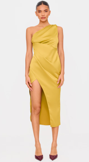 Olive Satin One Shoulder Pleat Detail Midi Dress