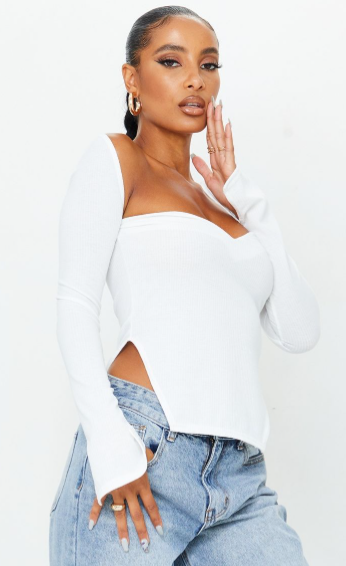 White Rib Sweetheart Neck Dip Hem Long Sleeve Top