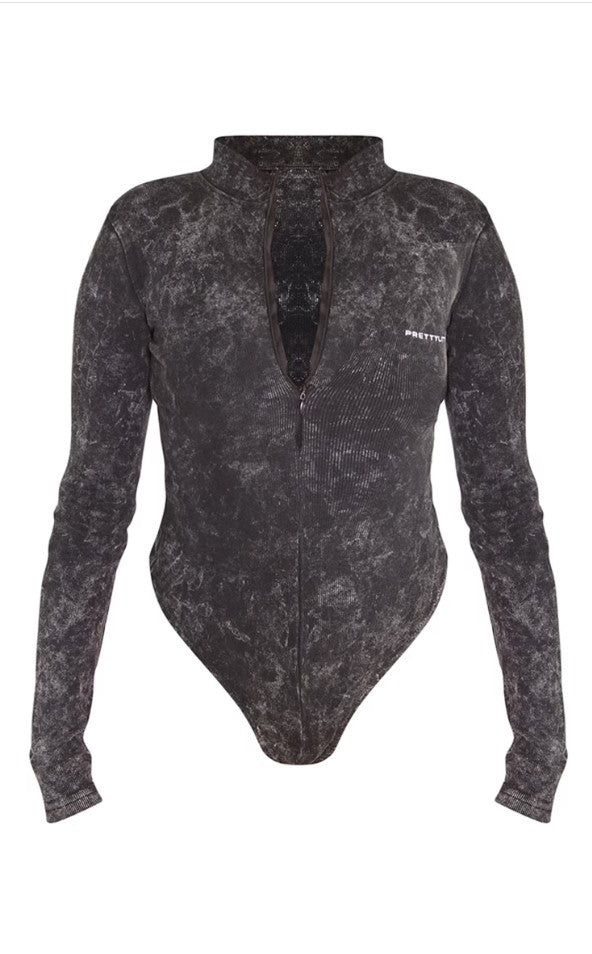 Charcoal Print Washed Rib Half Zip Bodysuit