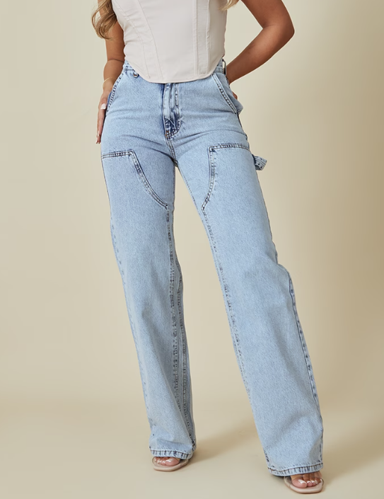 Light Blue Wash Seam Detail Panel Straight Leg Jeans