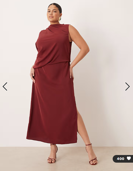 ASOS DESIGN Curve draped one sleeve slinky dress in burgundy