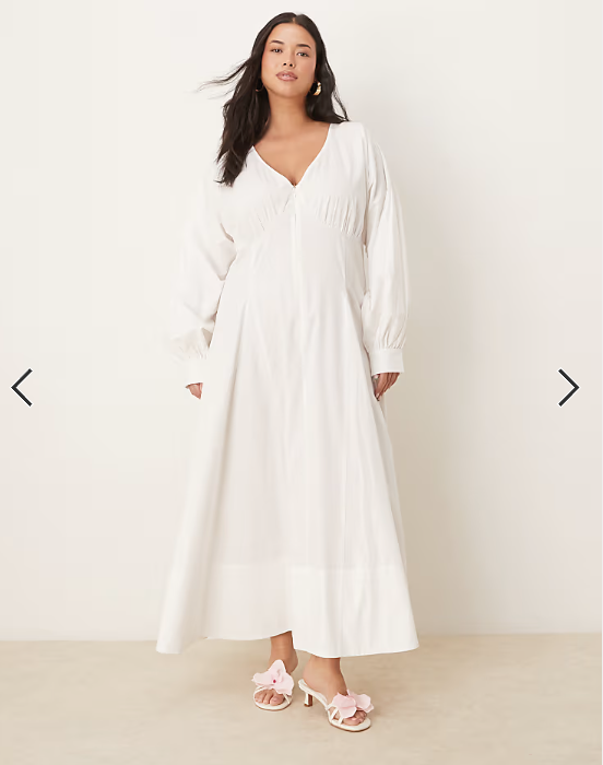 ASOS DESIGN Curve long sleeve v neck poplin maxi dress in white – DEXISTREND