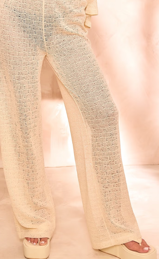 Plt - Beige Textured Wide Leg Trousers