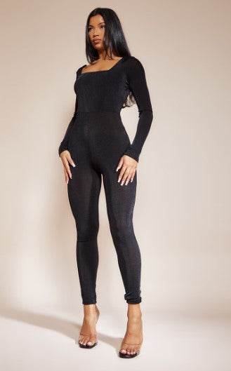 Black Acetate Slinky Square Neck Low Back Jumpsuit