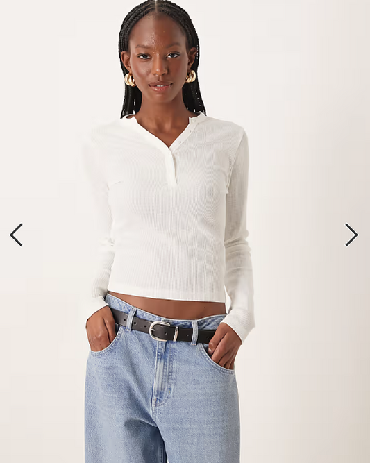 ASOS DESIGN shrunken waffle long sleeve henley tee in cream