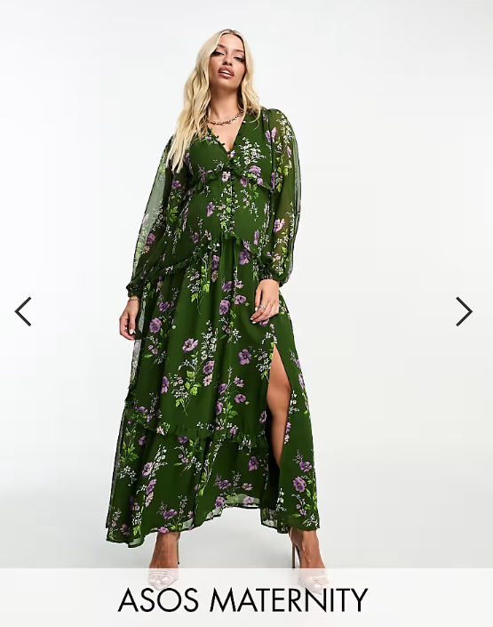 ASOS DESIGN Maternity button through pintuck maxi dress in green floral print