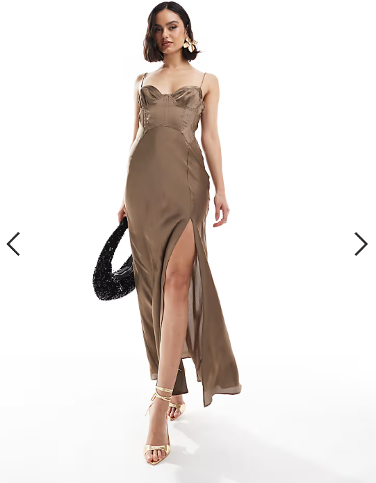 ASOS DESIGN satin corset detail pin tuck bias maxi dress in mink