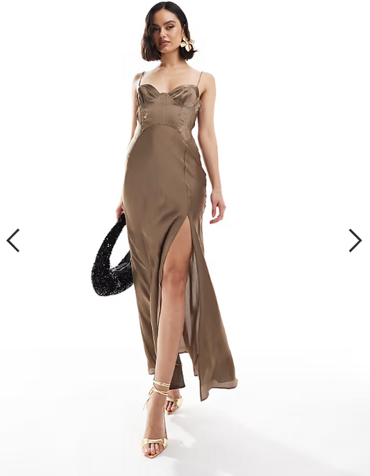ASOS DESIGN satin corset detail pin tuck bias maxi dress in mink